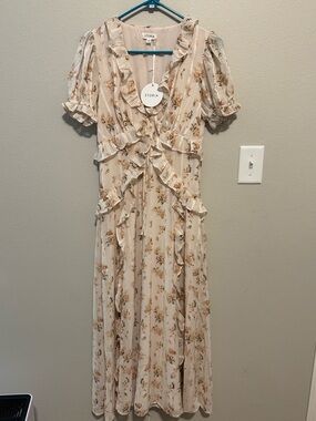 Storia Cream and Tan Floral Ruffle Maxi Dress